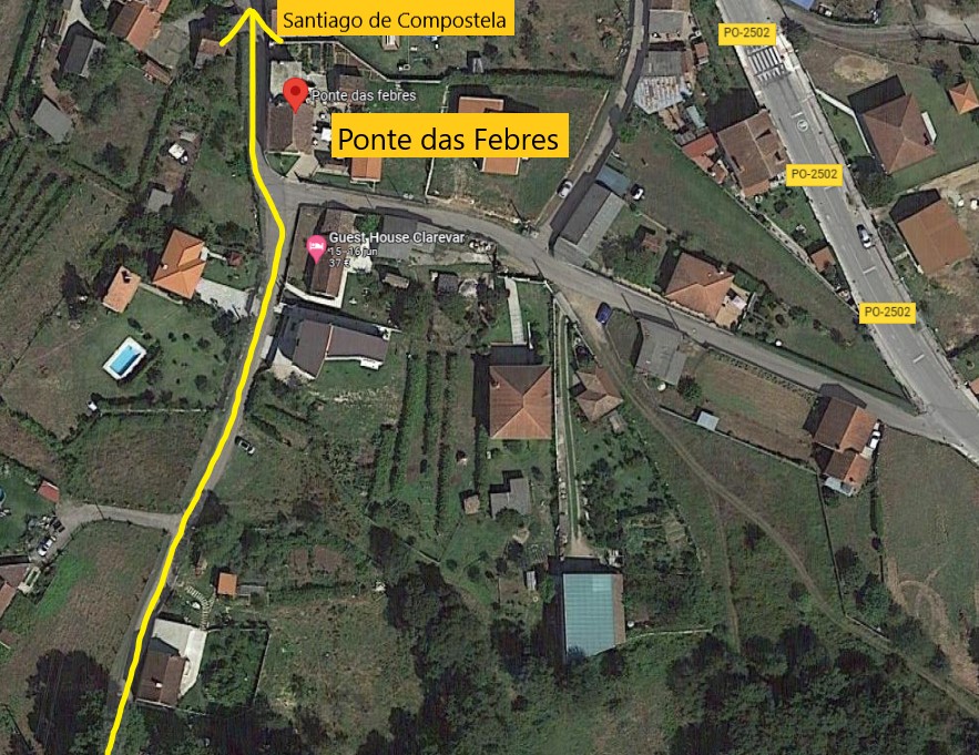 mapa con indicaciones para encontar Ponte das Febres siguiendo el Camino de Santiago
